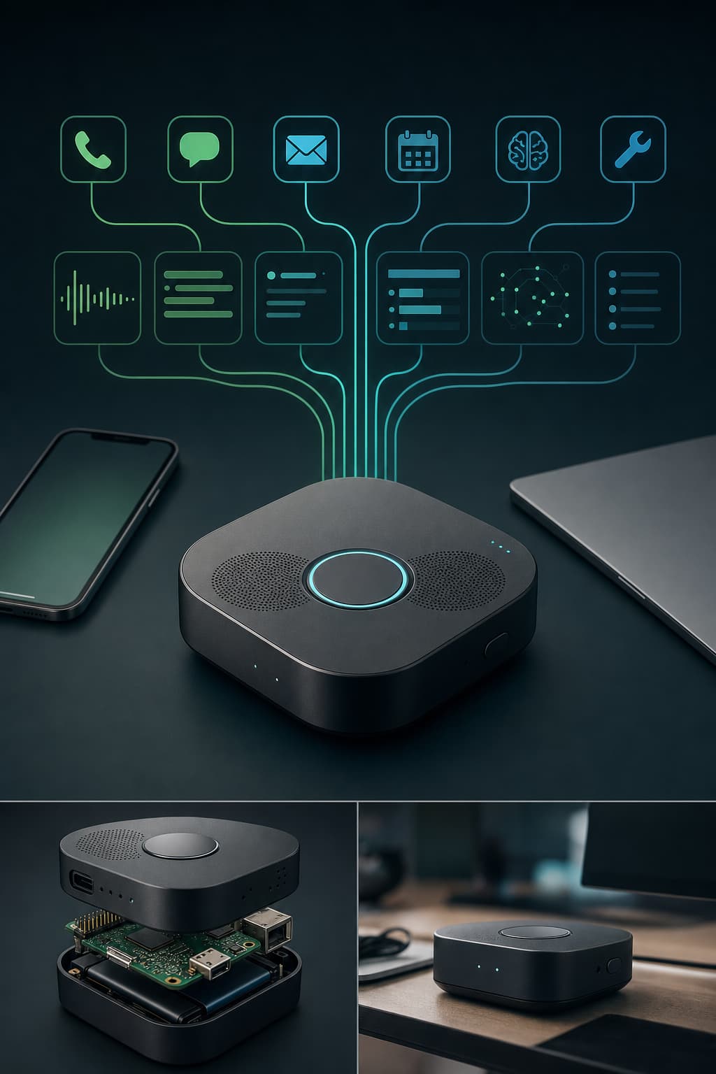 Editorial visual representing the Echobach voice-agent device and workflow system